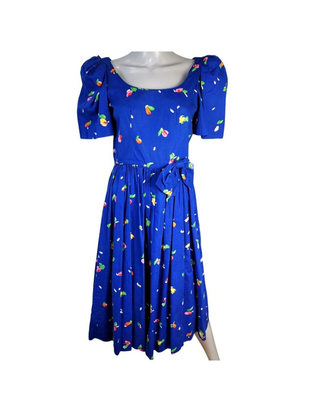 Vintage 80s Midi Dress Women 8 Blue Colorful Floral Puff Sleeves Fit & Flare Bow